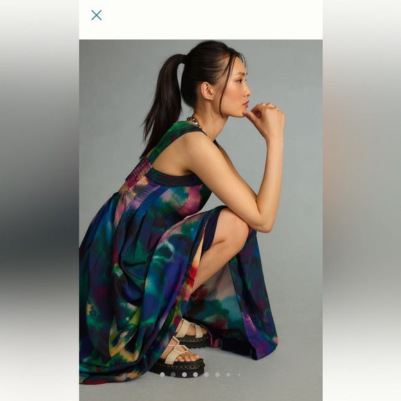 Anthropologie printed v neck pleated a line dress net - Picture 6 of 8